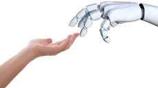mano umana e robotica che si toccano come nel celebre affresco