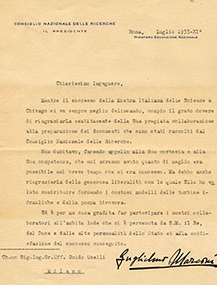 Lettera dell'allora presidente del Cnr Guglielmo Marconi