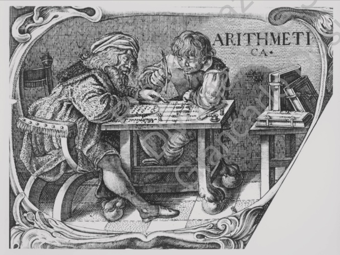 Un mercante e un suo impiegato utilizzano un abaco a gettoni, o tavola conto